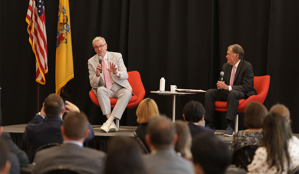 Gov. Phil Murphy and New Jersey Chamber of Commerce President and CEO Tom Bracken at New Jersey Institute of Technology in Newark, Wednesday, July 28, 2023
